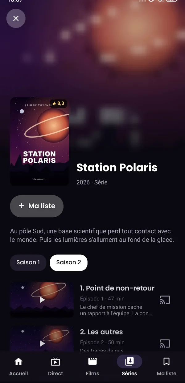Fiche d'une série sur téléphone
